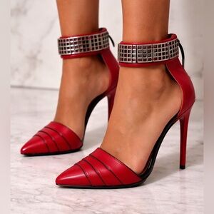 L.A.M.B Women's Size 7 Dark Red Pointed Toe Metal Ankle Strap Stiletto Heels